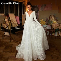 elegant satin a line wedding dresses for women 2022 sexy v neck full sleeve bride dress white wedding gown bridal robe de mari%c3%a9e