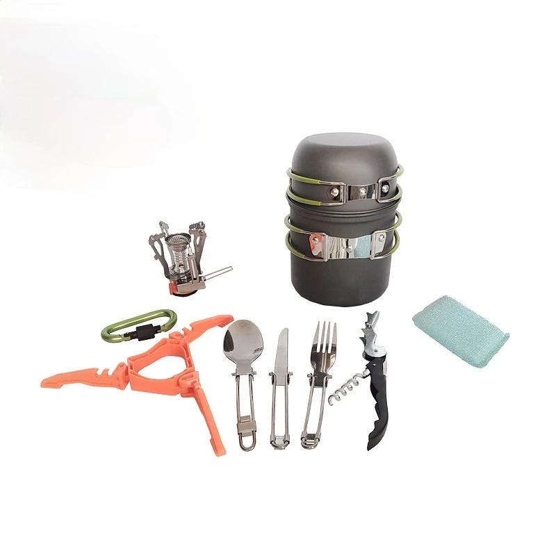 

Outdoor Aluminum Cookware Set Portable Barbecue Stove Tableware Burner Camping Cookware Set With Stove Spoon Fork Knife Kettle