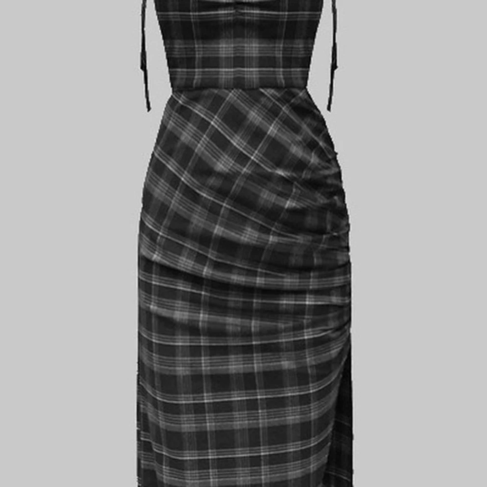 

2020 Punk Gothic Women Summer Black Plaid Sexy Deep V-neck Dress Party Club Wear Dark Halter High Waist Split Dresses Elegant