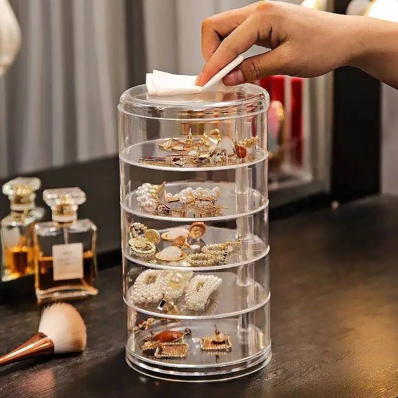 Jewelry Storage Box Makeup Organizer Rack Bracelet Earrings Watch Rotating Plastic Display with Cover | Дом и сад