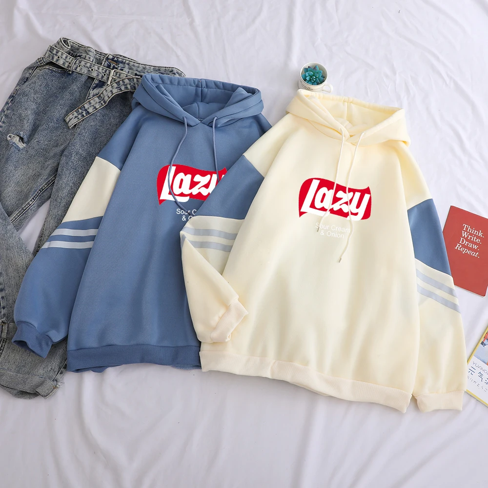 

LAZY Letter Print Hoodie Sweatshirt Women Autumn Winter Fleece Casual Contrast Color Patchwork Harajuku Sweat Femme Tops Clothes