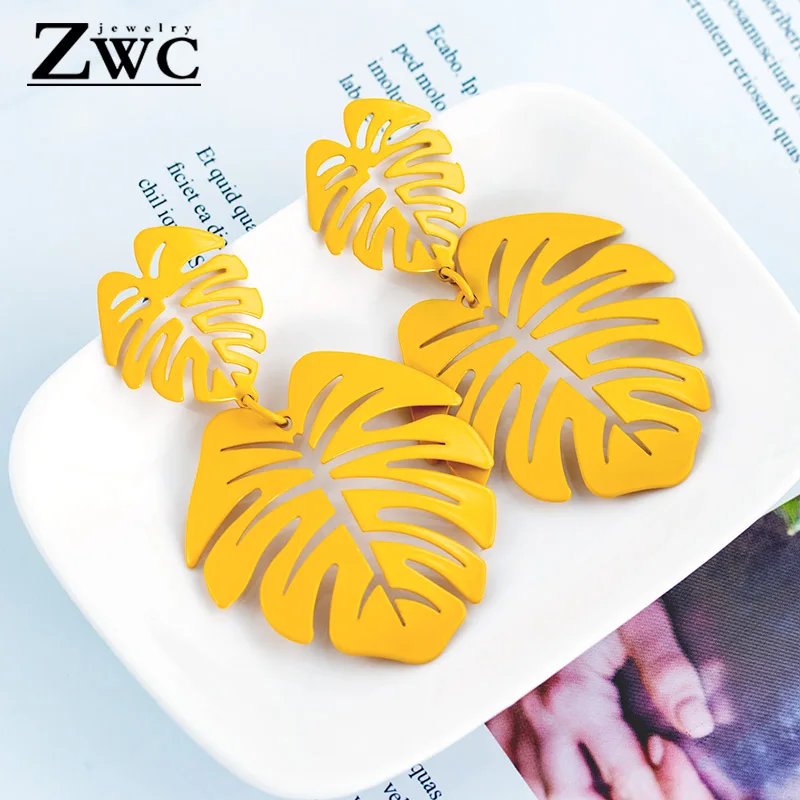 ZWC Новые Модные женские Полые зеленые белые желтые листья дерева серьги с длинной подвеской для женщин металлические висячие серьги ювелирные изделия оптом