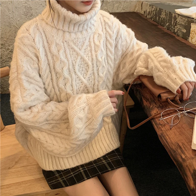 

Ailegogo New Winter Women Turtleneck Thick Sweater Casual Loose Fit Female Knitted Pullovers Warm Snow Ladies Knitwear Tops