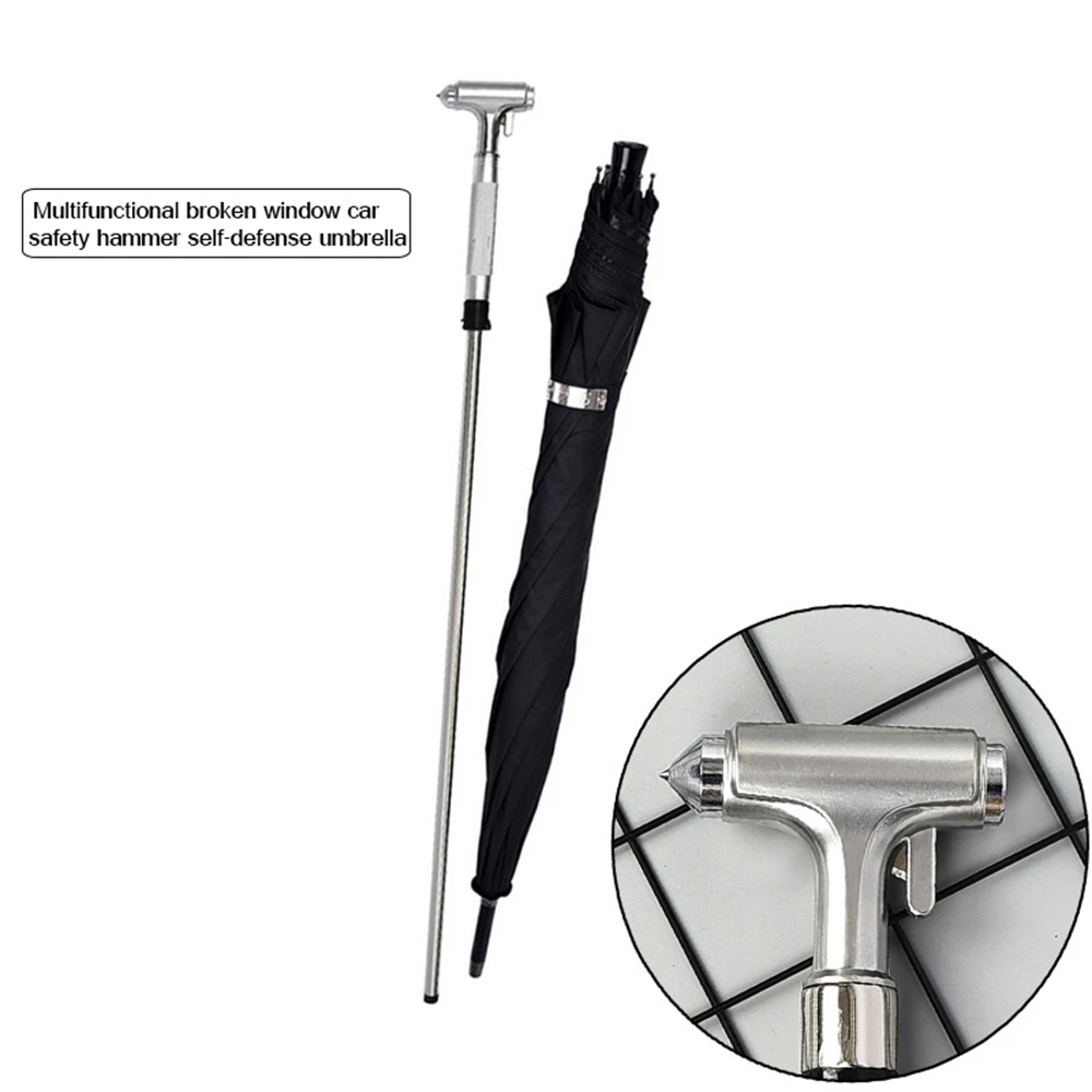 Multifunctional Broken Window Car Safety Hammer Self-defense  Walking Cane Stick 2-In-1 Sturdy Windproof UV Protection Umbrella