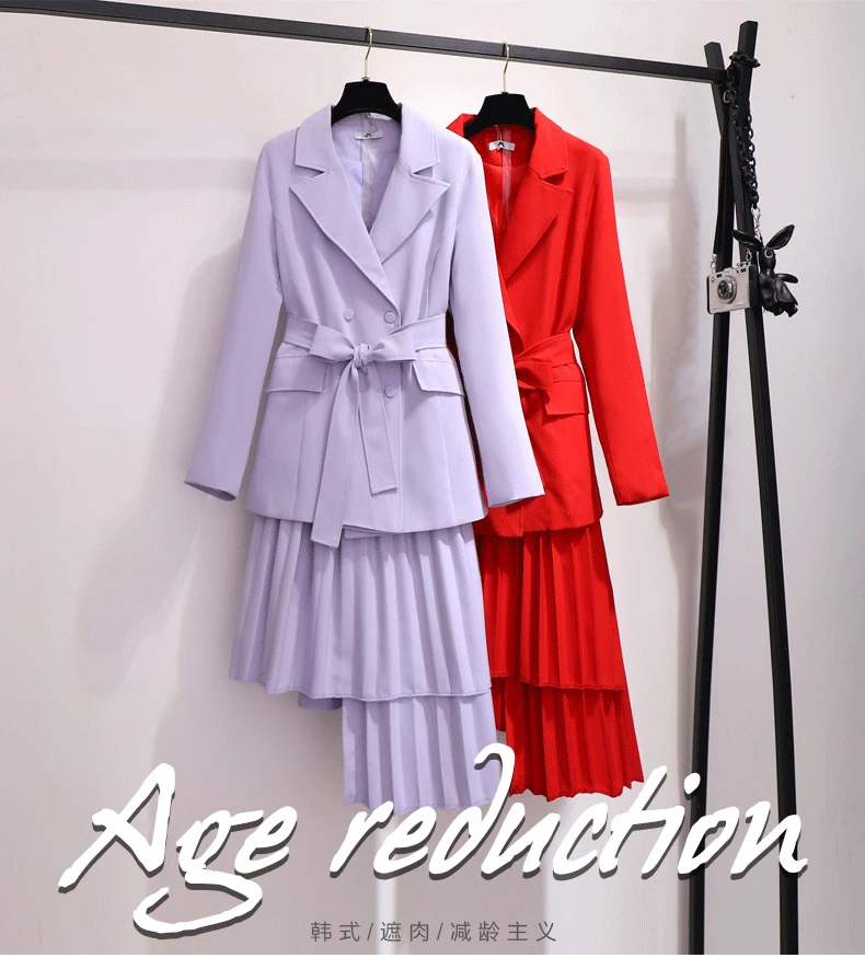 2XL~ 6XL Женский комплект из 2 предметов, многослойный костюм, Осень-зима, необычная юбка, костюм-двойка, блейзер с поясом и длинным рукавом, B717