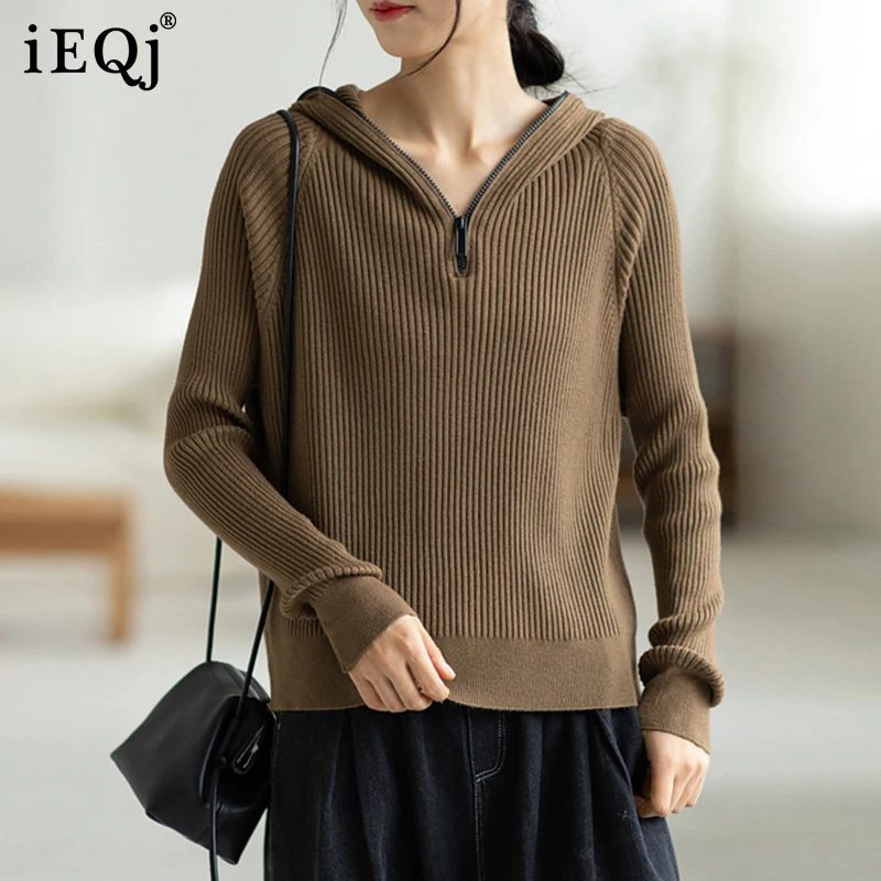 

Новинка Осень-зима 2021, вязаный Топ IEQJ с капюшоном, женский длинный Однотонный свитер на молнии, женская модная одежда 3W635