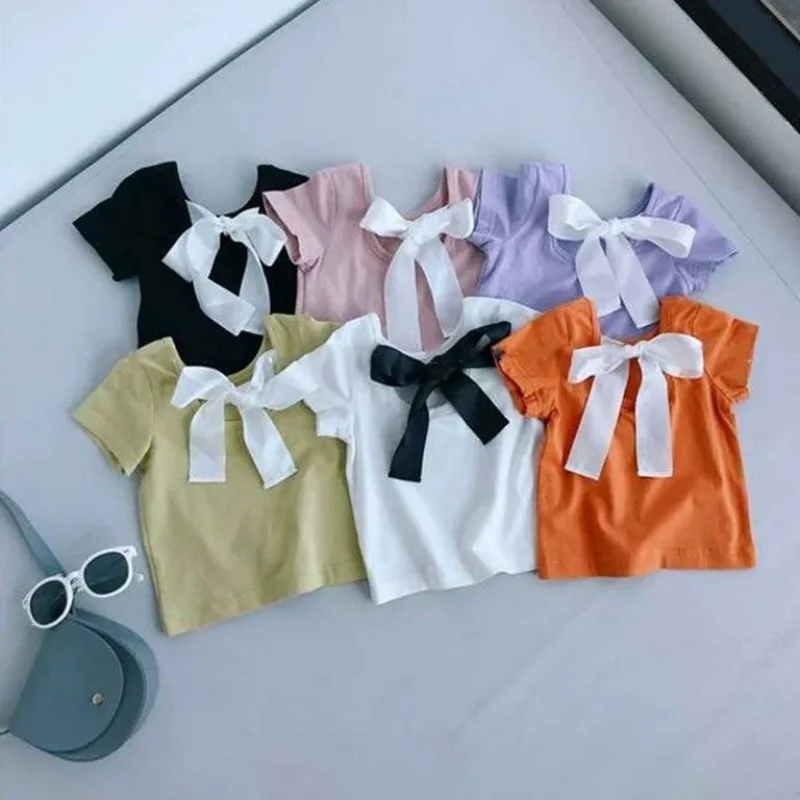 

2021 Multicolor baby girl short-sleeved T-shirts Backless kids clothes For girls Tops Cotton T-shirt