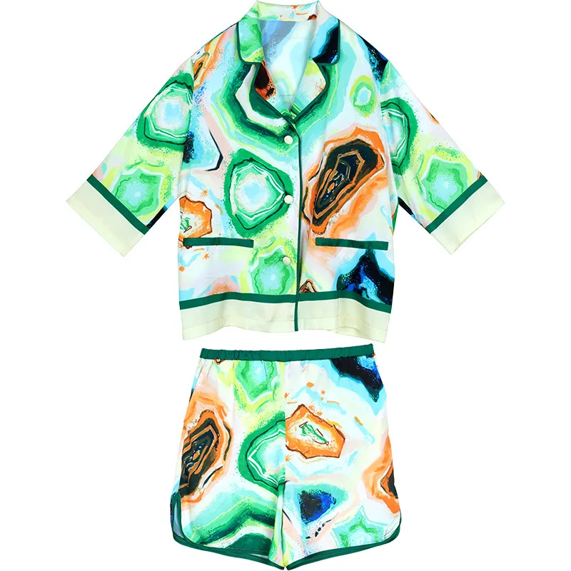 

Maison Gabrielle 2021 New Summer Abstract Printed Pajamas Set Silk Satin Short Sleeve Loungewear Sleepwear for Woman 2 Pieces