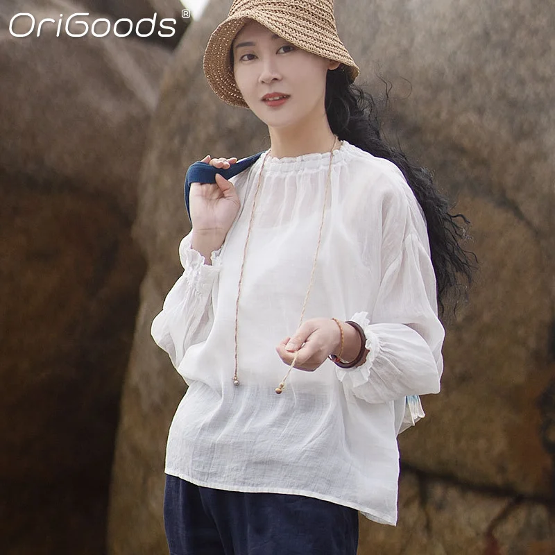 

OriGoods Summer 2022 White Transparent Blouse Women Sexy Thin See Through Long Sleeve Blouses Loose Style Shirt Tops E036