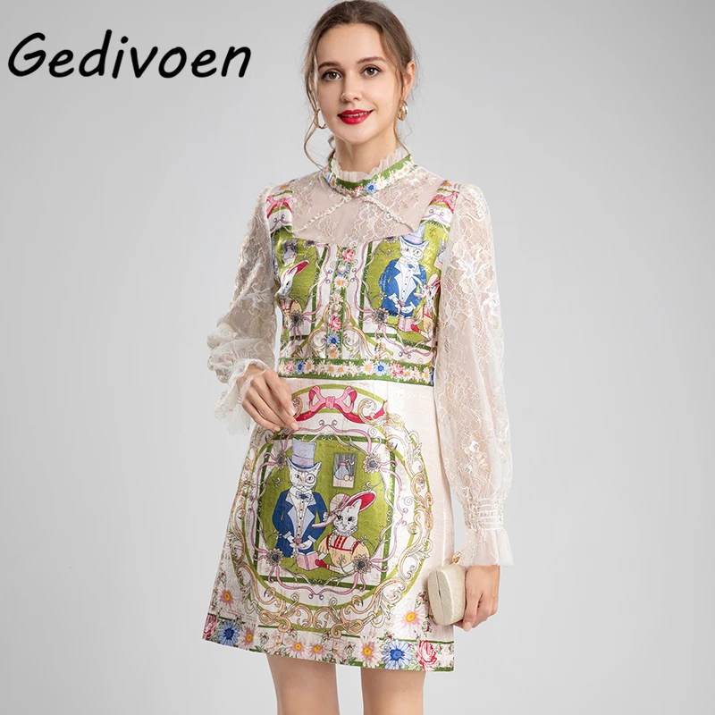 

Gedivoen 2021 Runway Designer Summer Dress Women's Elegance Lace Butterfly Sleeve Cartoon Print A-Lien Short Dresses Vestdios