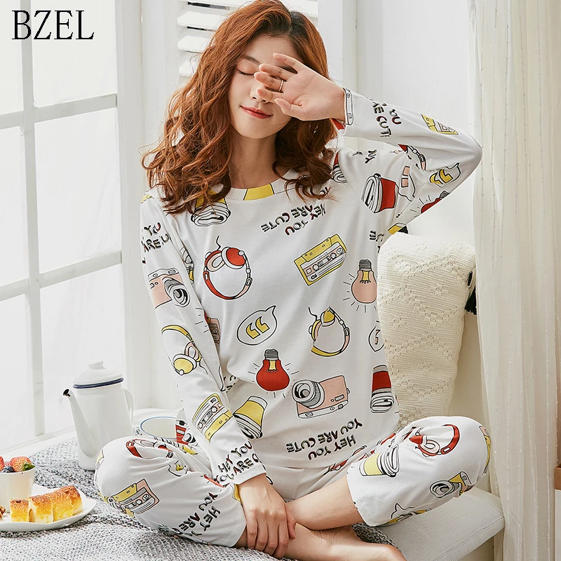 Женская пижама с мультяшным рисунком BZEL Милый хлопковый пижамный комплект из 2