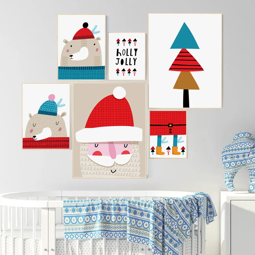 

Cartoon Christmas Tree Santa Claus Bear Nordic Posters and Prints Wall Art Canvas Painting Wall Pictures Baby Kids Room Decor