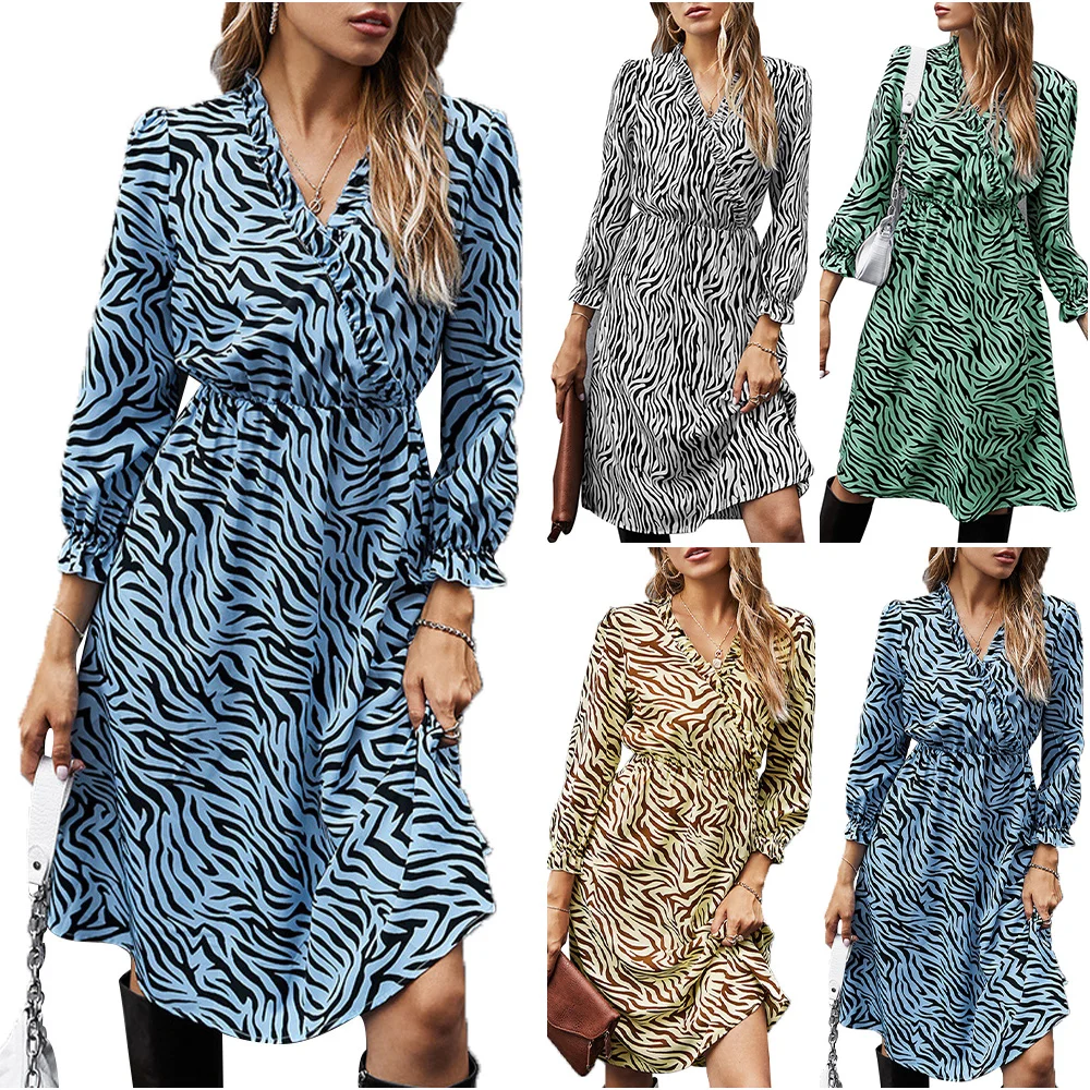 

VICABO Women Dress V-Neck High Waisted Printed Female Dress Ladies Beach Boho Vestidos Casual Formal Office Lady Dress