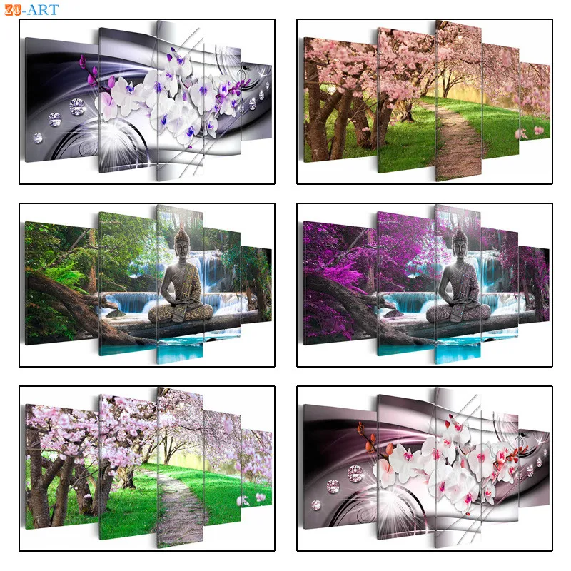 Вишня в цвету Печать холст картина 5 шт. орхидеи статуя Будды плакат настенный