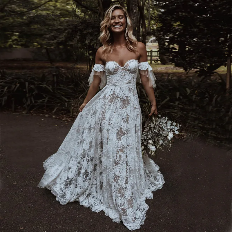 Кружевные свадебные платья Boho без бретелек с отстежными рукавами в богемном