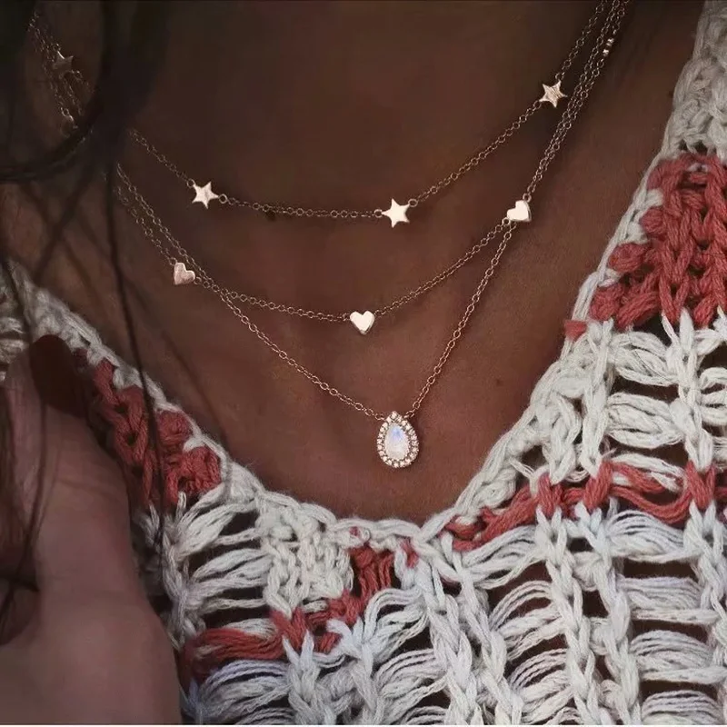 

Fashion rhinestone water drop pendant multi-layer necklace star love heart golden chain necklace long necklace jewelry for women