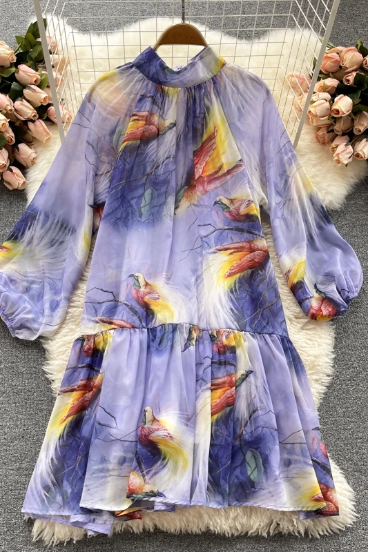 

za Purple dress women stand neck long sleeve lace up waist loose MIDI A-line dress new autumn vestidos ball gown dresses 2021