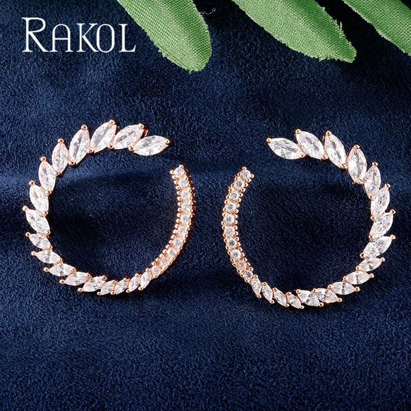 Новые модные брендовые серьги RAKOL, прозрачные круглые серьги с цирконием кубической огранки для женщин в форме листа, CZ ювелирное изделие, подарок