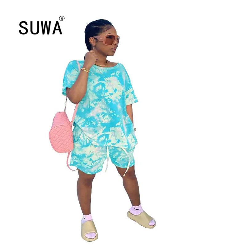 

2020 women fashion simple solid color round neck short sleeve print top and hot shorts 2 pieces set casual lady fashion set