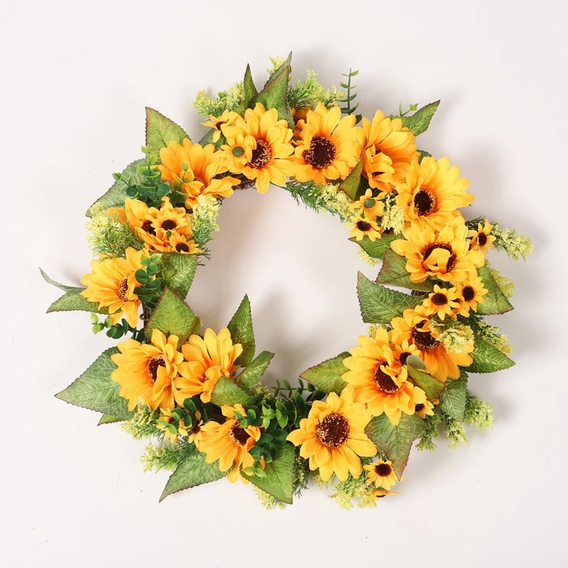 

2021 New Decorative Artificial Flower Wreath Garland With Yellow Sunflower And Green Leaves Thanksgiving Wedding Decoration