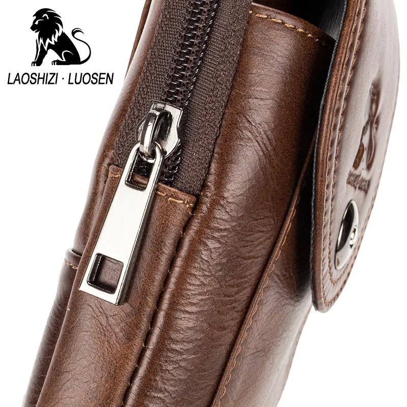 Мужская поясная сумка LAOSHIZI LUOSEN маленькая на мобильный телефон из натуральной