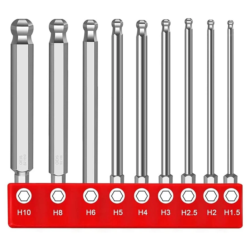 

9Pcs Ball End Hex Head Screwdriver Bits Set Hex Bit S2 Alloy Steel 100mm Long Magnetic Metric Ball End Magnetic Tips