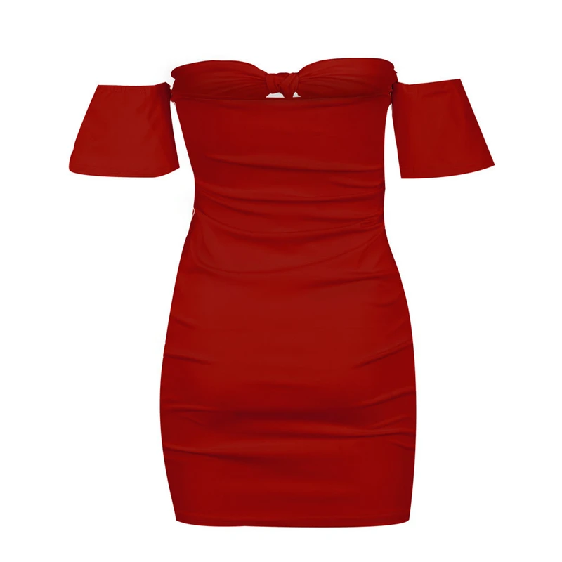

Summer Strapless Off Shoulder Sexy Ruched Elegant Dress Women Bow Knot Backless Short Sleeve Bodycon Bandage Dress 4 Color