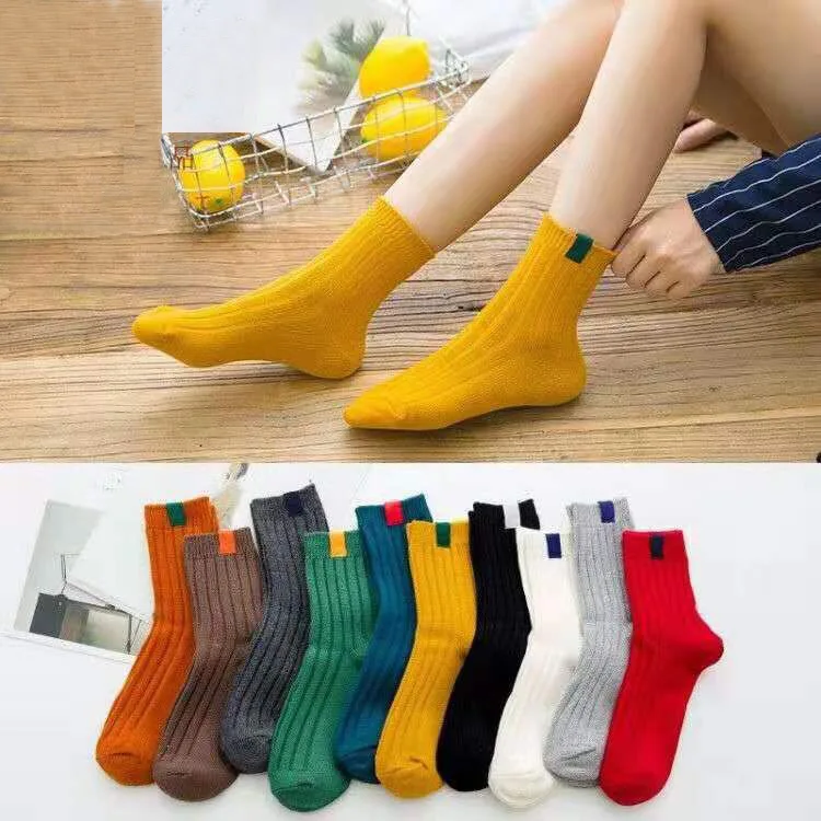 

5 Pairs of New High School Girls Socks Solid Color Needle Knitted Striped Cotton Socks Ladies Yellow, Blue and Black and White
