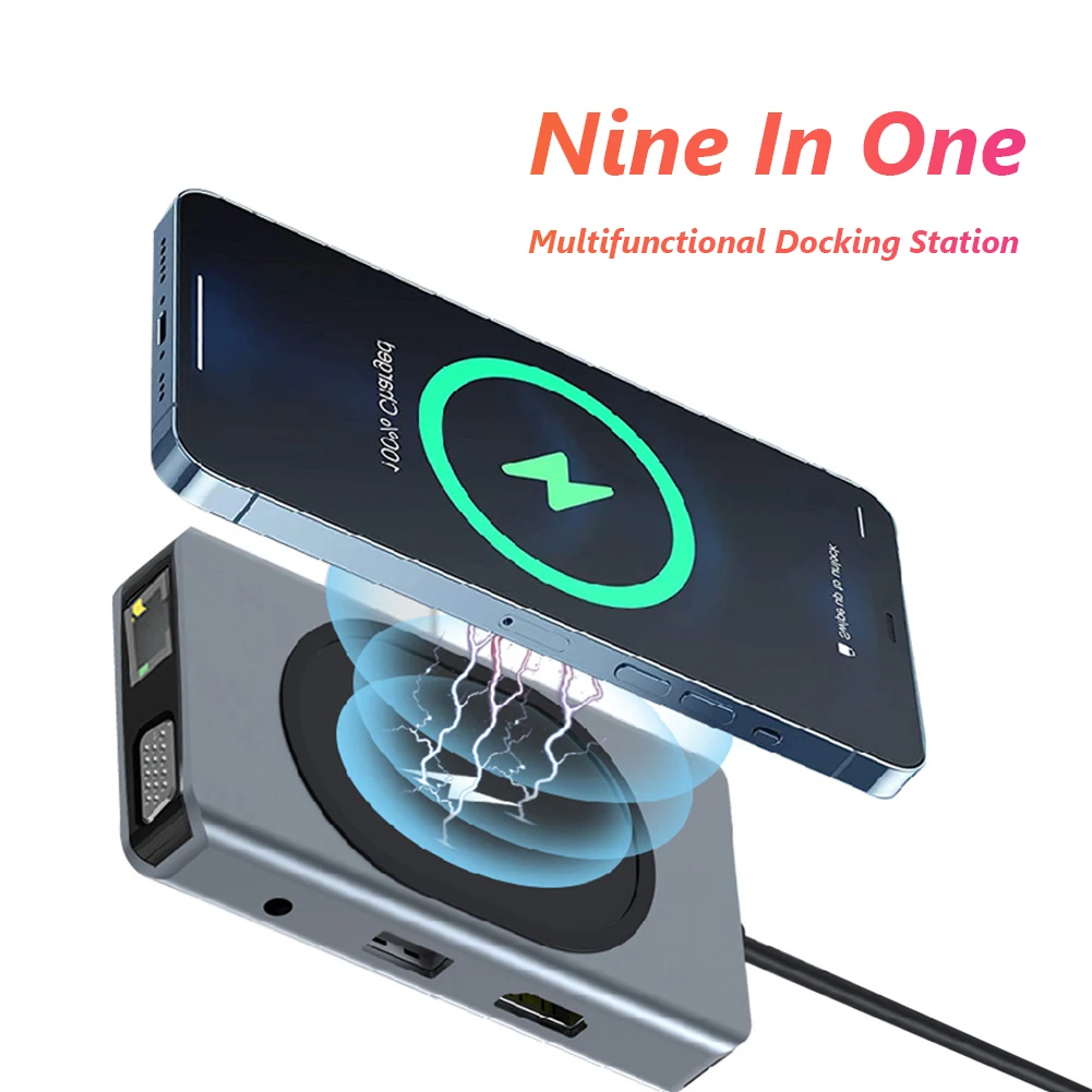 

9-in-1 USB3.0 hub splitter Type-C to 4K HD Rj45 Gigabit Ethernet 100w fast charging docking station adapter for PC laptop