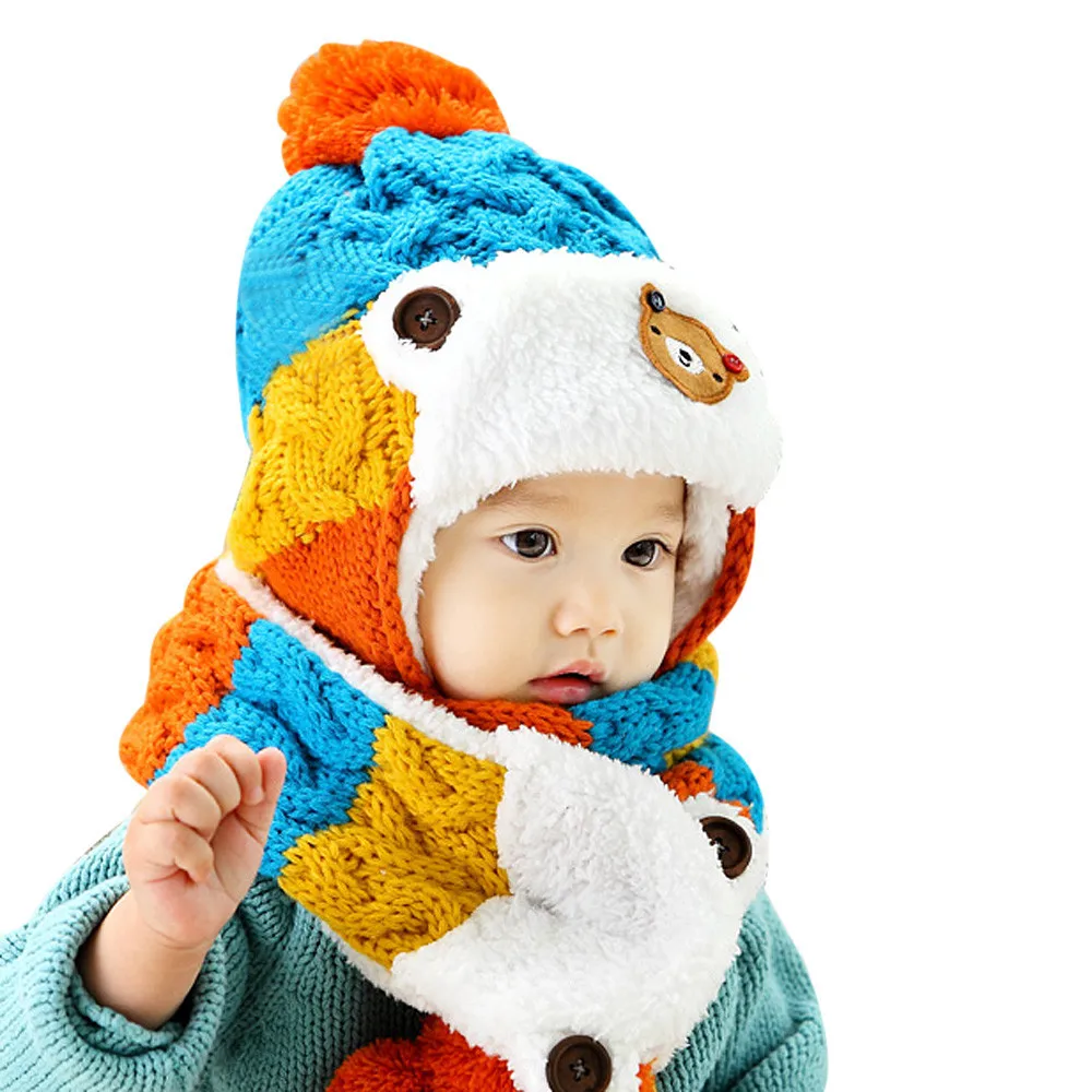 

ZMAFOX Baby Boy Girl Winter Thicken Beanie Hat Scarf Suits Ins Kids Spring Knitting Caps Children Hats Neck Warmer With Pom Poms