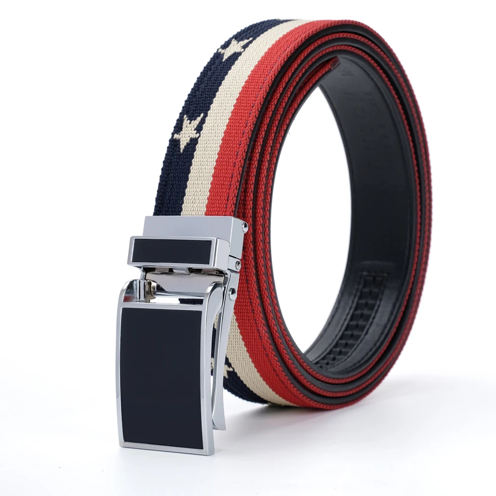

Top brand Men Casual Canvas Webbing Cloth Stripe Strap Belts Heavy Duty Adjustable Automatic Ratchet Belt Red White Navy Color