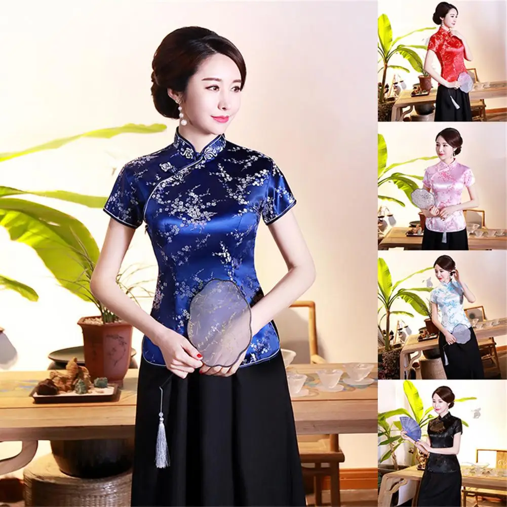 

2021Vintage Women Chinese Cheongsam Satin Traditional Qipao Flower Print Embroidery Elegant Bodycon Dress Stand Collar Shirt Top