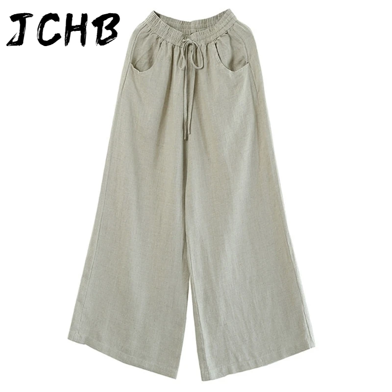 

Summer Fashion Pants Plus Size 3XL Women Casual Solid Cotton Linen Pockets Loose Drawstring Elastic Waist Long Wide Leg Trousers