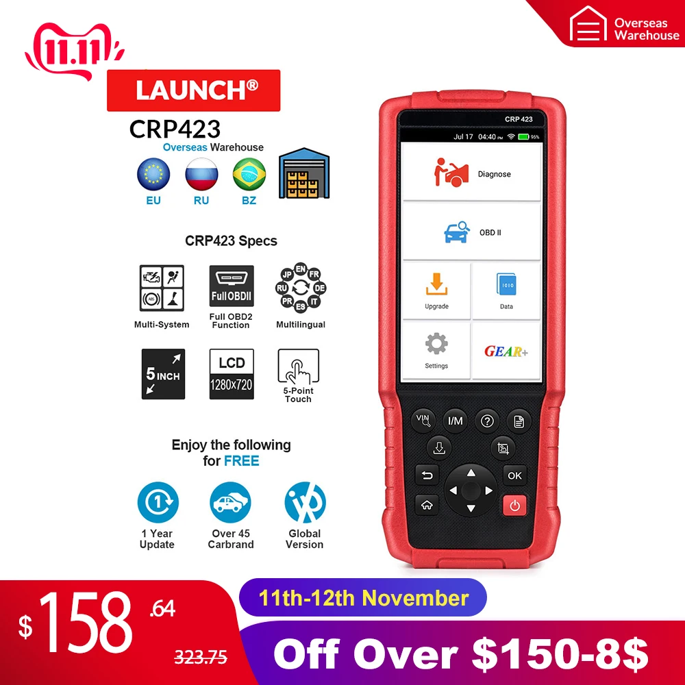 LAUNCH CRP423 автоматический сканер X431 диагностический инструмент Поддержка двигателя/ABS/подушки безопасности/AT OBD 2 CRP 423 OBD2 считыватель кодов бесплатное обновление CRP123