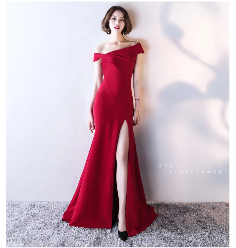 

Lady Trailing Mermaid Dress Gown Asymetrical Slash Neck Qipao Folds Off Shoulder Burgundy Cheongsam Sexy Backless Long Vestidos