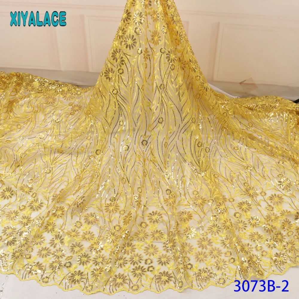 Желтая ткань 2019 Африканский кружевной тюль с пайетками Высококачественная
