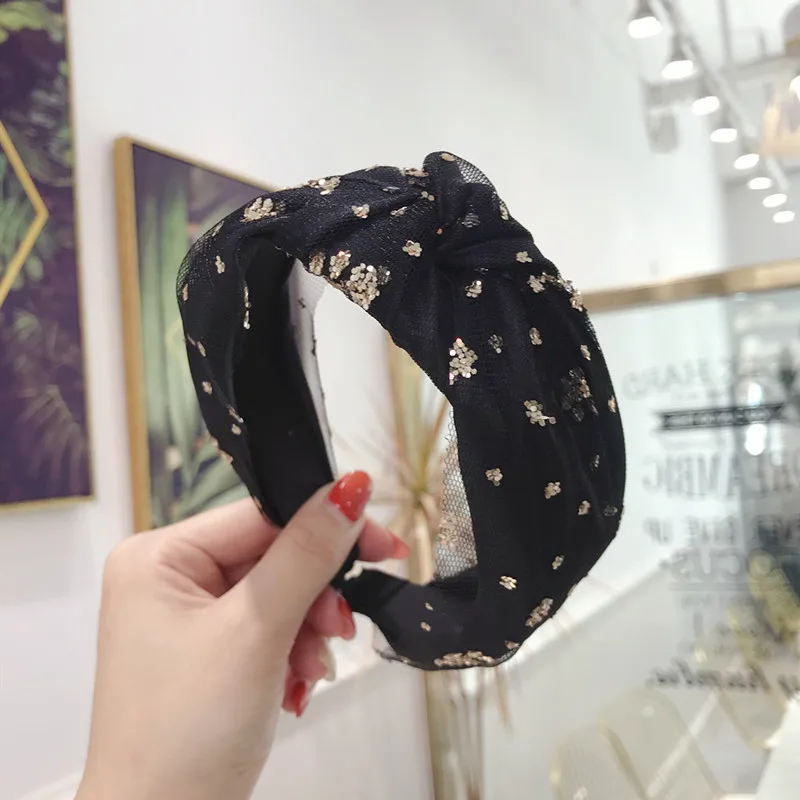 

2020 Fashion Bronzing Sequins Flower Net YarnKnot Women Headband Vintage Hairband Girls Headwear Wide Headband Hair Accessories