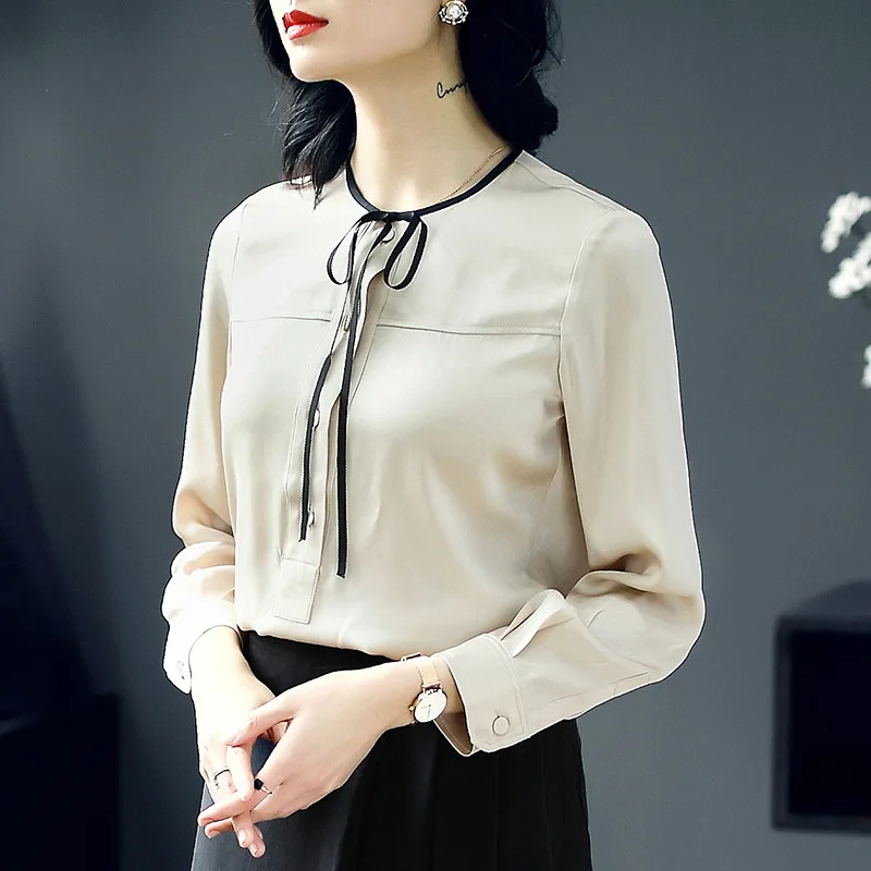 Women's Fashion Blouses 100% Silk Long Sleeve Blouse Office Work Shirts Women Spring Summer Top camisa feminina YQ154