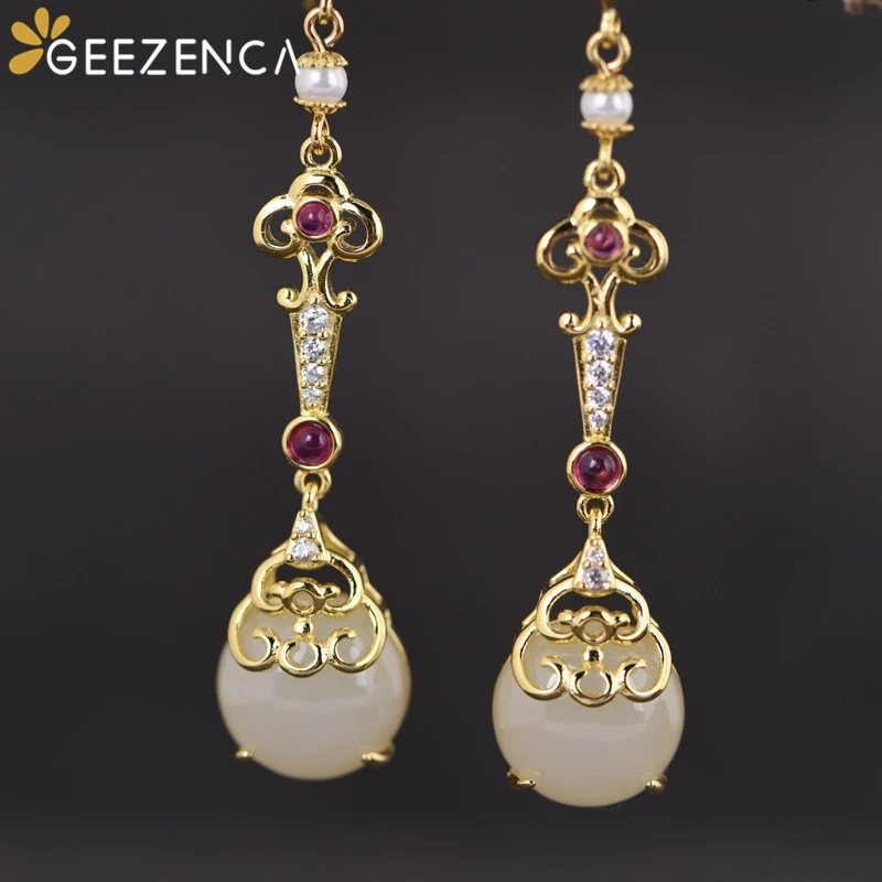 

Овальный нефрит из области Хэтянь 925 стерлингового серебра позолоченные свисающие серьги для женщин, серьги, простая и стильная обувь капли...