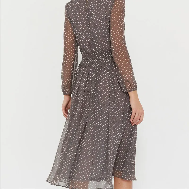 Осенне весеннее черное шифоновое платье для женщин с длинным рукавом в горошек