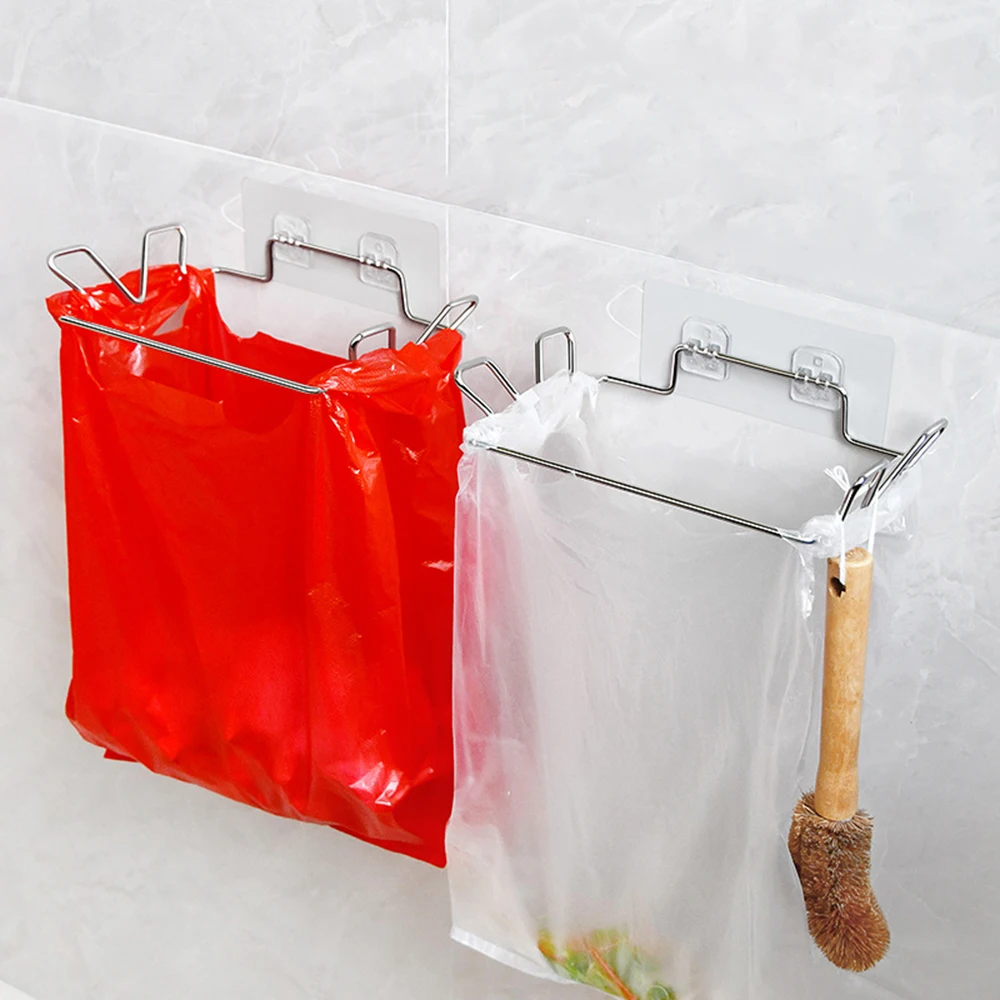 

Stainless Steel Kitchen Trash Bag Holder Multifunctional Punch-free Cabinet Door Self-Adhesive Storage Garbage Bags Racks