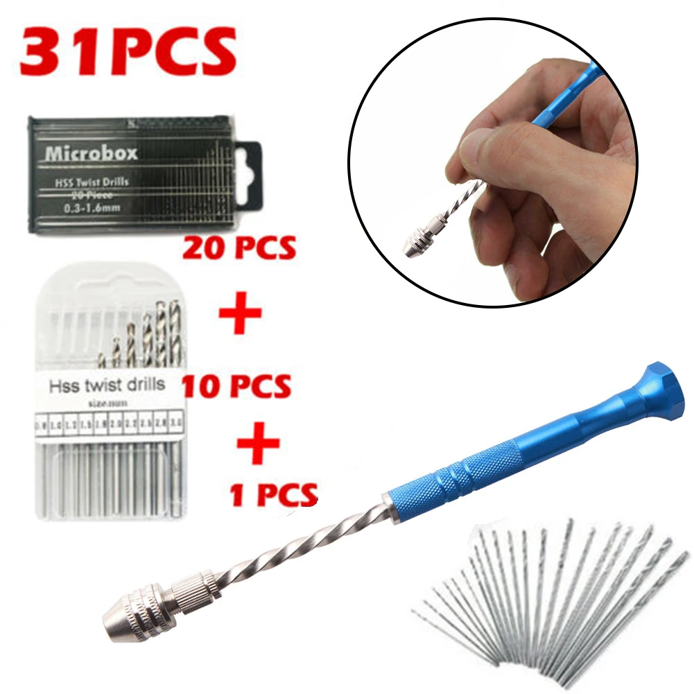 

0.3-3.0mm 31X Mini Micro HSS Bit Set Hand Spiral Pin Vise Micro Drill Set