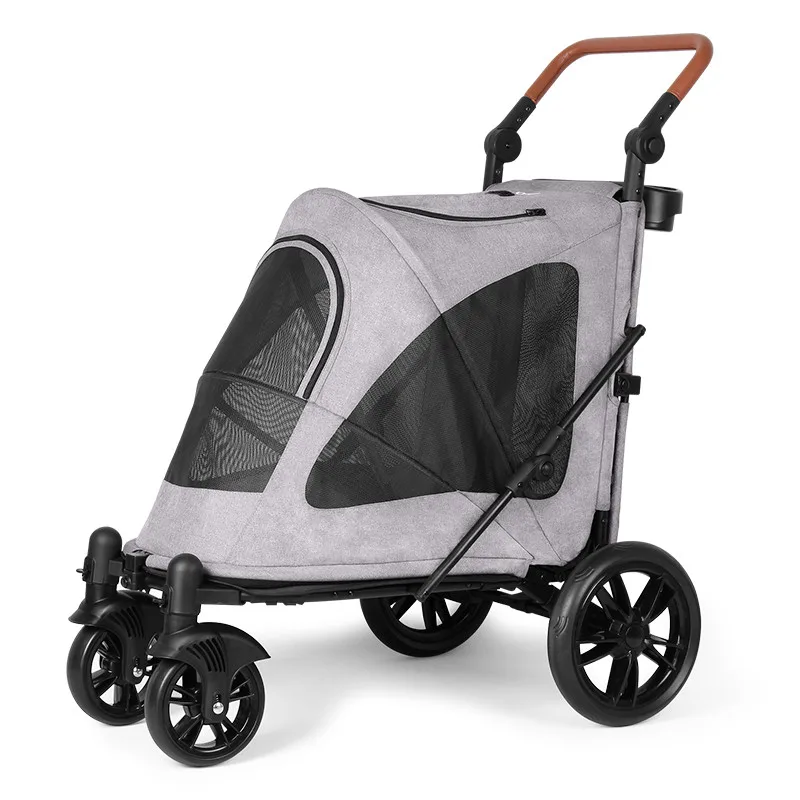 Foldable Dog Stroller with 4 Rubber Wheels and Adjustable Handle, Mesh Skylight Medium Large Pet Cart