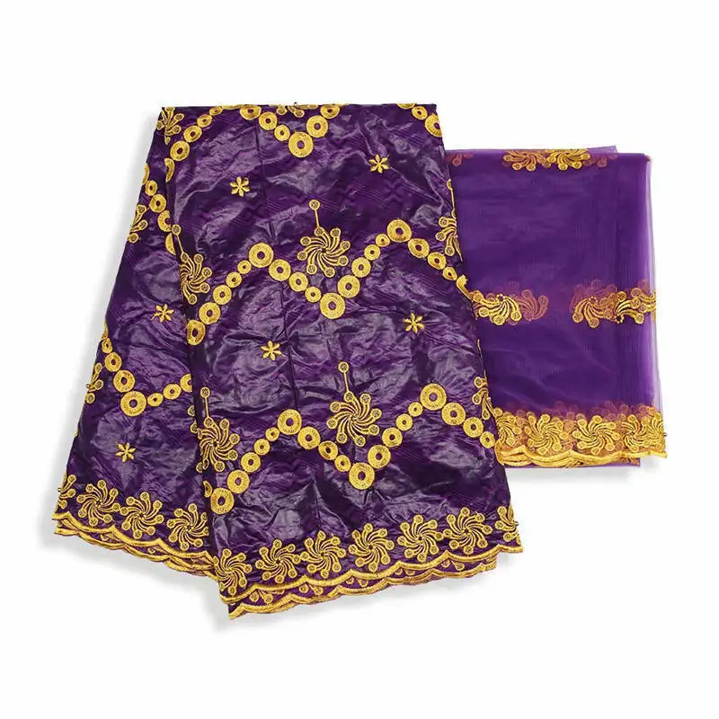 

High Quality African Lace Fabric Embroidered Bazin Riche Fabric With Tulle Lace African Lace Fabric 5+2 Yards/Set! WXF7152