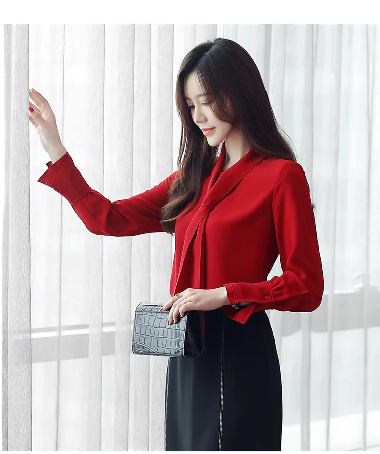 Женская блузка, офисный Топ с длинным рукавом, шифоновая блузка, blusas femininas elegante, с бантом, однотонная, с v-образным вырезом, красная одежда, женские топы 0412