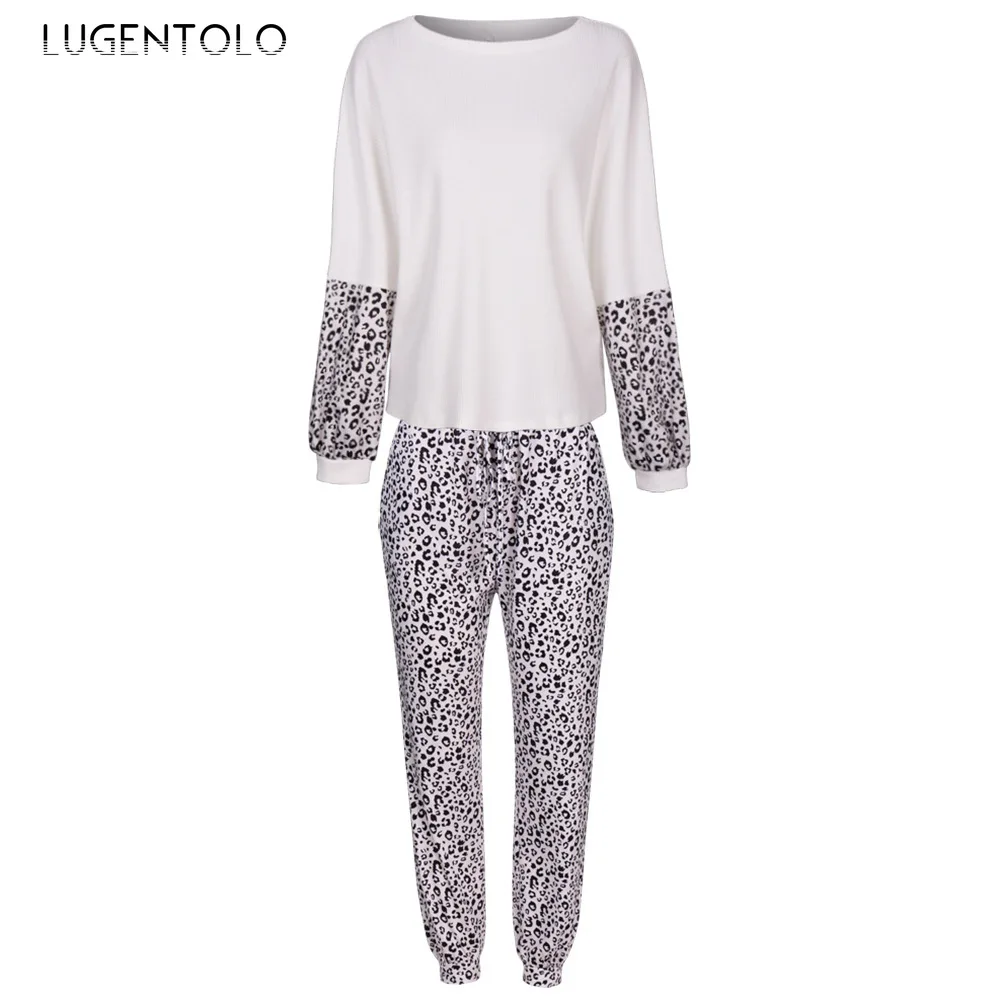 

Lugentolo Women Two-Piece Set Autumn Winter Print Female Loose Leopard Splicing Straight Drawstring Waist Pants O-neck Tops Set