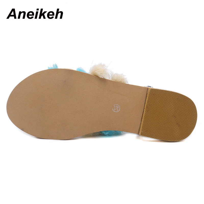 

Aneikeh Summer Casual Women's Shoes Flat With Thong Modern Sandalias Fringe Flock Cross-Tied Novelty Ankle Strap Patchwork Rome