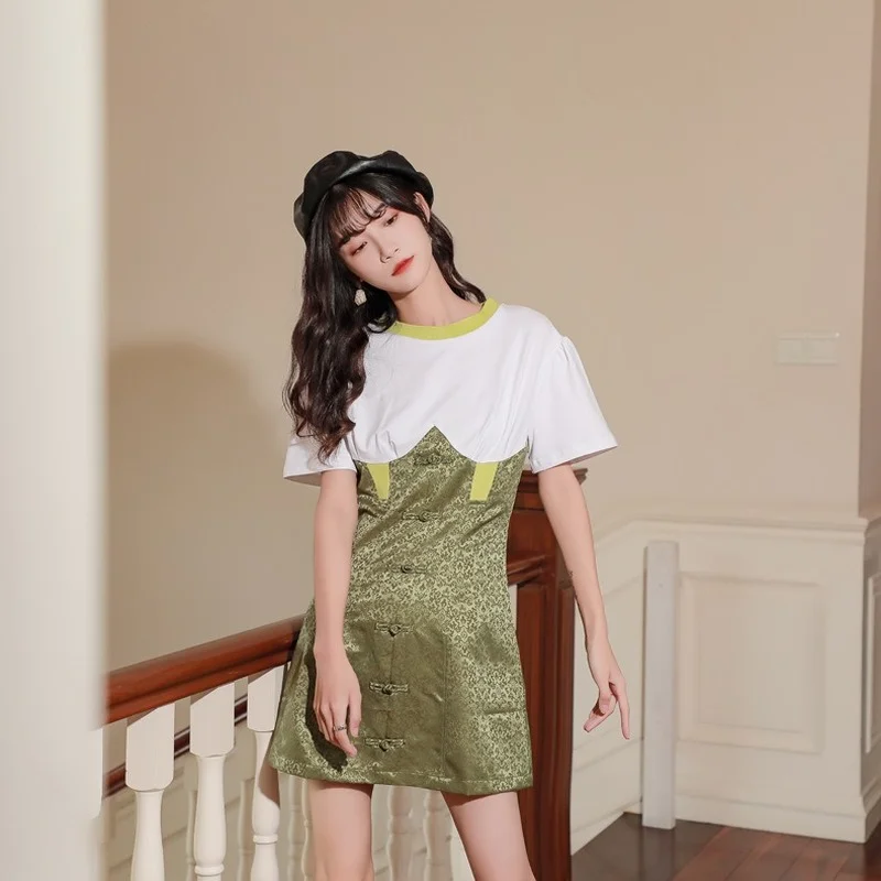 

Summer Patchwork Contrast Color A Line Women's Dress Slim Waist Personality Short Vestidos Simple Casual Korean Fashion Dress