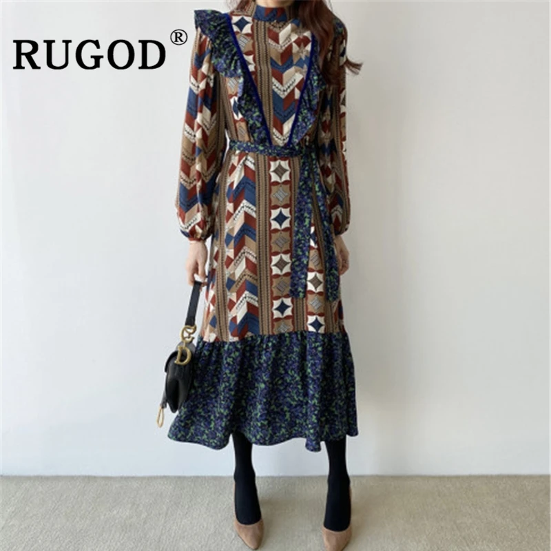 Женское винтажное платье RUGOD Длинное свободное макси с оборками и круглым