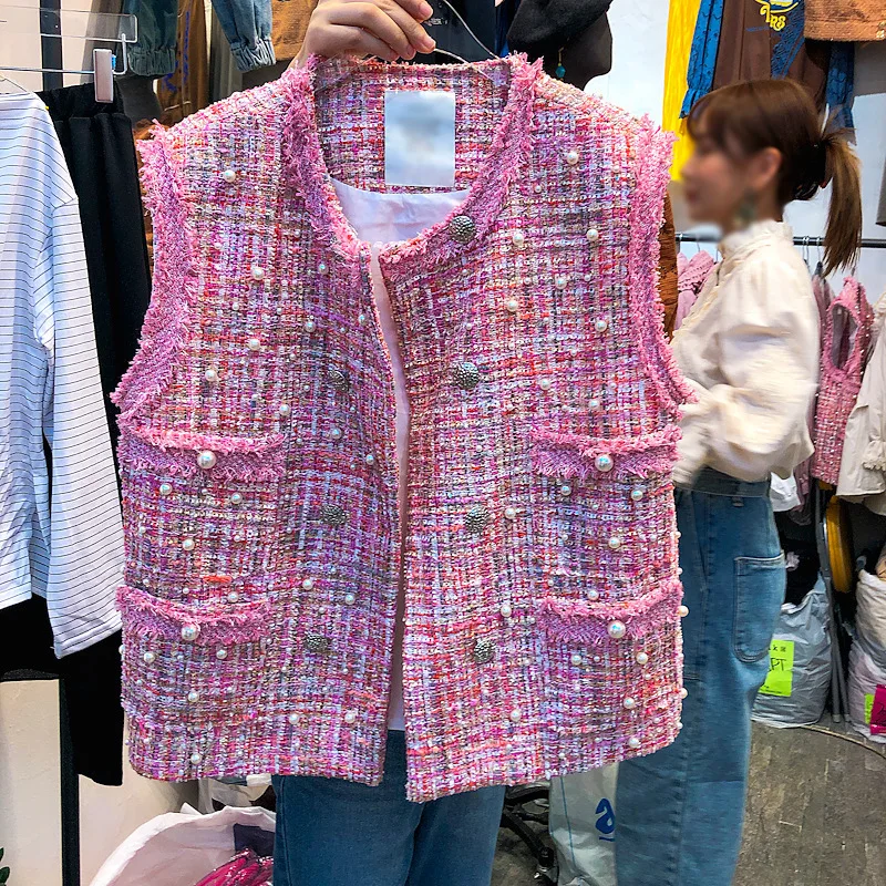 Женское твидовое пальто [EWQ] черное без рукавов украшенное бусинами в Корейском